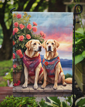 Load image into Gallery viewer, Yellow Labrador Retriever Two Hearts Garden Flag –  Romantic Dog Pair with Sunset &amp; Mountain Background