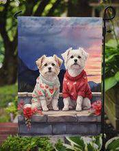 Load image into Gallery viewer, Maltese Two Hearts Garden Flag –  Romantic Dog Pair with Sunset &amp; Mountain Background