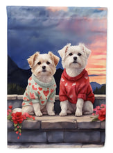 Load image into Gallery viewer, Maltese Two Hearts Garden Flag –  Romantic Dog Pair with Sunset &amp; Mountain Background