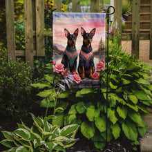 Load image into Gallery viewer, Manchester Terrier Two Hearts Garden Flag –  Romantic Dog Pair with Sunset &amp; Mountain Background