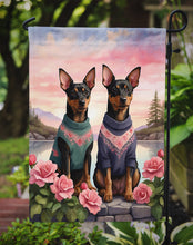 Load image into Gallery viewer, Manchester Terrier Two Hearts Garden Flag –  Romantic Dog Pair with Sunset &amp; Mountain Background