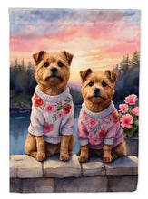 Load image into Gallery viewer, Norfolk Terrier Two Hearts Garden Flag –  Romantic Dog Pair with Sunset &amp; Mountain Background
