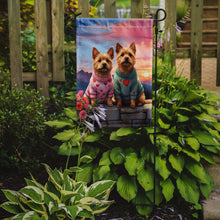 Load image into Gallery viewer, Norwich Terrier Two Hearts Garden Flag –  Romantic Dog Pair with Sunset &amp; Mountain Background