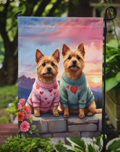 Load image into Gallery viewer, Norwich Terrier Two Hearts Garden Flag –  Romantic Dog Pair with Sunset &amp; Mountain Background