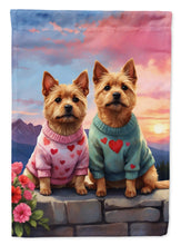 Load image into Gallery viewer, Norwich Terrier Two Hearts Garden Flag –  Romantic Dog Pair with Sunset &amp; Mountain Background