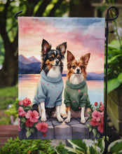 Load image into Gallery viewer, Papillon Two Hearts Garden Flag –  Romantic Dog Pair with Sunset &amp; Mountain Background