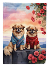 Load image into Gallery viewer, Pekingese Two Hearts Garden Flag –  Romantic Dog Pair with Sunset &amp; Mountain Background