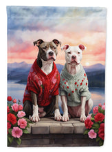 Load image into Gallery viewer, Pit Bull Terrier Two Hearts Garden Flag –  Romantic Dog Pair with Sunset &amp; Mountain Background