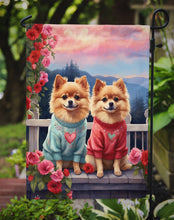 Load image into Gallery viewer, Pomeranian Two Hearts Garden Flag –  Romantic Dog Pair with Sunset &amp; Mountain Background