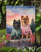 Load image into Gallery viewer, Pomeranian Two Hearts Garden Flag –  Romantic Dog Pair with Sunset &amp; Mountain Background