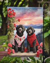 Load image into Gallery viewer, Portuguese Water Dog Two Hearts Garden Flag –  Romantic Dog Pair with Sunset &amp; Mountain Background