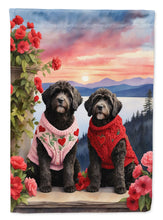 Load image into Gallery viewer, Portuguese Water Dog Two Hearts Garden Flag –  Romantic Dog Pair with Sunset &amp; Mountain Background