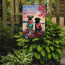 Load image into Gallery viewer, Pug Two Hearts Garden Flag –  Romantic Dog Pair with Sunset &amp; Mountain Background