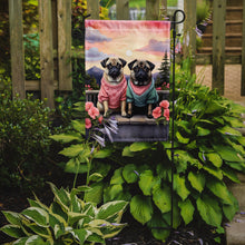 Load image into Gallery viewer, Pug Two Hearts Garden Flag –  Romantic Dog Pair with Sunset &amp; Mountain Background