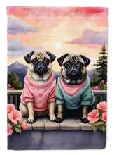 Load image into Gallery viewer, Pug Two Hearts Garden Flag –  Romantic Dog Pair with Sunset &amp; Mountain Background