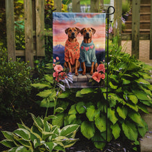 Load image into Gallery viewer, Rhodesian Ridgeback Two Hearts Garden Flag –  Romantic Dog Pair with Sunset &amp; Mountain Background