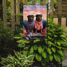 Load image into Gallery viewer, Rottweiler Two Hearts Garden Flag –  Romantic Dog Pair with Sunset &amp; Mountain Background