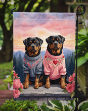 Load image into Gallery viewer, Rottweiler Two Hearts Garden Flag –  Romantic Dog Pair with Sunset &amp; Mountain Background