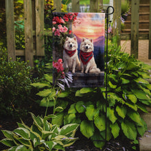 Load image into Gallery viewer, Samoyed Two Hearts Garden Flag –  Romantic Dog Pair with Sunset &amp; Mountain Background
