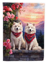 Load image into Gallery viewer, Samoyed Two Hearts Garden Flag –  Romantic Dog Pair with Sunset &amp; Mountain Background