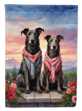 Load image into Gallery viewer, Scottish Deerhound Two Hearts Garden Flag –  Romantic Dog Pair with Sunset &amp; Mountain Background