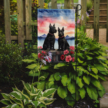 Load image into Gallery viewer, Scottish Terrier Two Hearts Garden Flag –  Romantic Dog Pair with Sunset &amp; Mountain Background