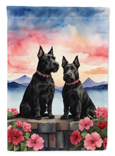 Load image into Gallery viewer, Scottish Terrier Two Hearts Garden Flag –  Romantic Dog Pair with Sunset &amp; Mountain Background