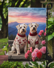 Load image into Gallery viewer, Sealyham Terrier Two Hearts Garden Flag –  Romantic Dog Pair with Sunset &amp; Mountain Background
