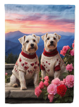 Load image into Gallery viewer, Sealyham Terrier Two Hearts Garden Flag –  Romantic Dog Pair with Sunset &amp; Mountain Background