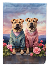 Load image into Gallery viewer, Shar Pei Two Hearts Garden Flag –  Romantic Dog Pair with Sunset &amp; Mountain Background