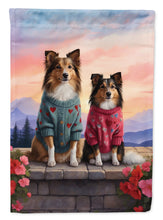 Load image into Gallery viewer, Sheltie Two Hearts Garden Flag –  Romantic Dog Pair with Sunset &amp; Mountain Background