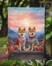 Load image into Gallery viewer, Shiba Inu Two Hearts Garden Flag –  Romantic Dog Pair with Sunset &amp; Mountain Background