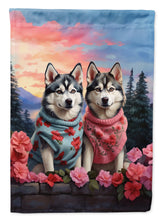 Load image into Gallery viewer, Siberian Husky Two Hearts Garden Flag –  Romantic Dog Pair with Sunset &amp; Mountain Background
