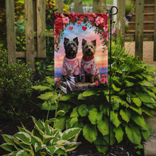 Load image into Gallery viewer, Skye Terrier Two Hearts Garden Flag –  Romantic Dog Pair with Sunset &amp; Mountain Background