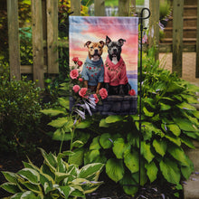 Load image into Gallery viewer, Staffordshire Bull Terrier Two Hearts Garden Flag –  Romantic Dog Pair with Sunset &amp; Mountain Background