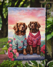 Load image into Gallery viewer, Sussex Spaniel Two Hearts Garden Flag –  Romantic Dog Pair with Sunset &amp; Mountain Background