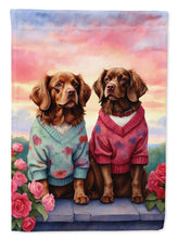 Load image into Gallery viewer, Sussex Spaniel Two Hearts Garden Flag –  Romantic Dog Pair with Sunset &amp; Mountain Background