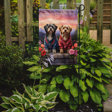 Load image into Gallery viewer, Tibetan Terrier Two Hearts Garden Flag –  Romantic Dog Pair with Sunset &amp; Mountain Background
