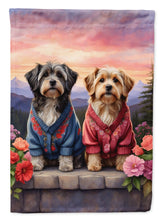 Load image into Gallery viewer, Tibetan Terrier Two Hearts Garden Flag –  Romantic Dog Pair with Sunset &amp; Mountain Background