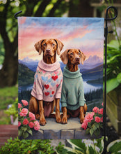 Load image into Gallery viewer, Vizsla Two Hearts Garden Flag –  Romantic Dog Pair with Sunset &amp; Mountain Background
