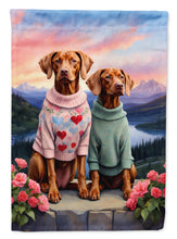 Load image into Gallery viewer, Vizsla Two Hearts Garden Flag –  Romantic Dog Pair with Sunset &amp; Mountain Background