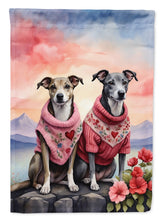 Load image into Gallery viewer, Whippet Two Hearts Garden Flag –  Romantic Dog Pair with Sunset &amp; Mountain Background