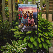Load image into Gallery viewer, Yorkshire Terrier Two Hearts Garden Flag –  Romantic Dog Pair with Sunset &amp; Mountain Background