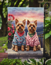 Load image into Gallery viewer, Yorkshire Terrier Two Hearts Garden Flag –  Romantic Dog Pair with Sunset &amp; Mountain Background