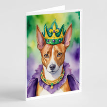 Load image into Gallery viewer, Basenji King of Mardi Gras Greeting Cards - Blank Note Cards – 8-Pack of Artist-Designed Cards with Envelopes