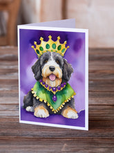 Load image into Gallery viewer, Bernedoodle King of Mardi Gras Greeting Cards - Blank Note Cards – 8-Pack of Artist-Designed Cards with Envelopes