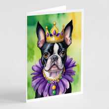 Load image into Gallery viewer, Boston Terrier King of Mardi Gras Greeting Cards - Blank Note Cards – 8-Pack of Artist-Designed Cards with Envelopes