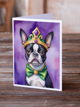 Load image into Gallery viewer, Boston Terrier King of Mardi Gras Greeting Cards - Blank Note Cards – 8-Pack of Artist-Designed Cards with Envelopes