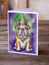 Load image into Gallery viewer, English Bulldog King of Mardi Gras Greeting Cards - Blank Note Cards – 8-Pack of Artist-Designed Cards with Envelopes