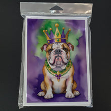 Load image into Gallery viewer, English Bulldog King of Mardi Gras Greeting Cards - Blank Note Cards – 8-Pack of Artist-Designed Cards with Envelopes